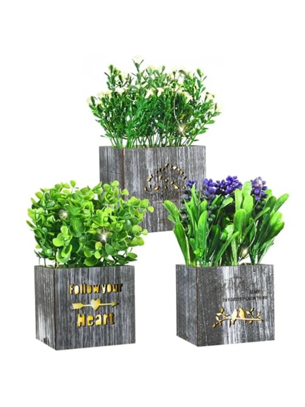 Fake Potted Plants LED Lights Eucalyptus Lavender Faux Greenery Home Decor 3Pc